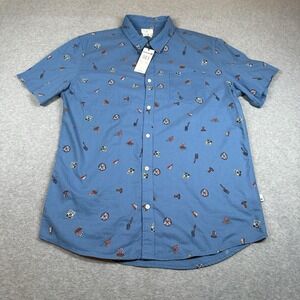 Quiksilver Short Sleeve Shirt Mens L Button‎ Up Blue 4th Of July Patriotic Print
